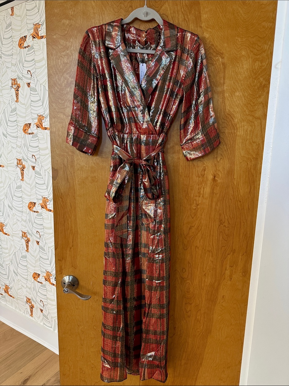 Alice + Olivia Metallic Red Plaid Wrap Maxi Dress